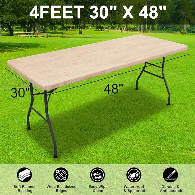Smiry Rectangle Picnic Tablecloth, Waterproof Elastic Fitted Table Covers for 4 Foot Tables, Wipeable Flannel Backed Vinyl Tablecloths for Camping, Indoor, Outdoor (Beige, 30x48 Inches)