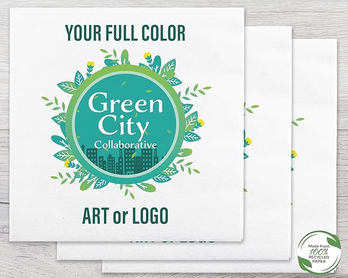 B.E. Green 100% Recycled Custom Cocktail Napkins - Personalized 100% Recycled Napkins - Eco-friendly & Full-Color Digital Printed - Weddings, Events & Celebrations - Pack of 50 - Non-Embossed, 5"x 5"