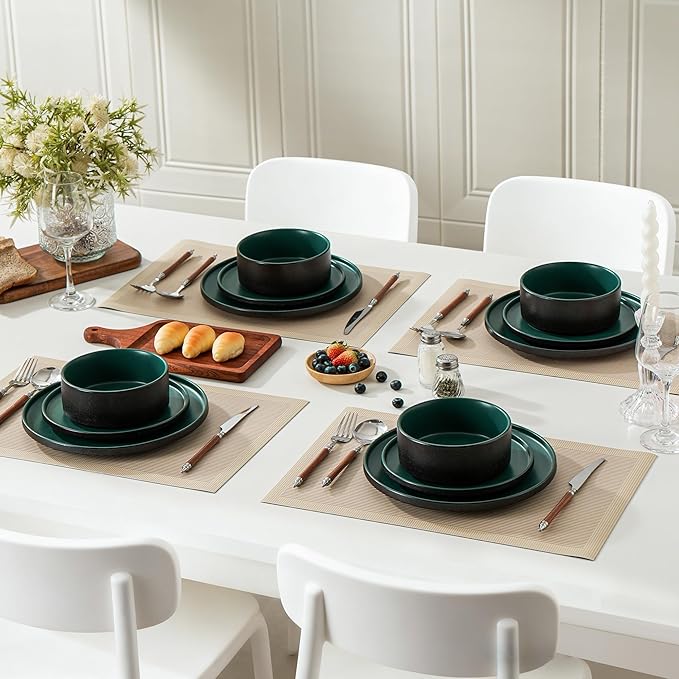 Stoneware Dinner Plates Set of 4, 10.25 Inch Plates for Steak, Pasta, Ceramic Plates Sets, Microwave Safe, Dishwasher Safe, Versatile for All Seasons, Matte Green