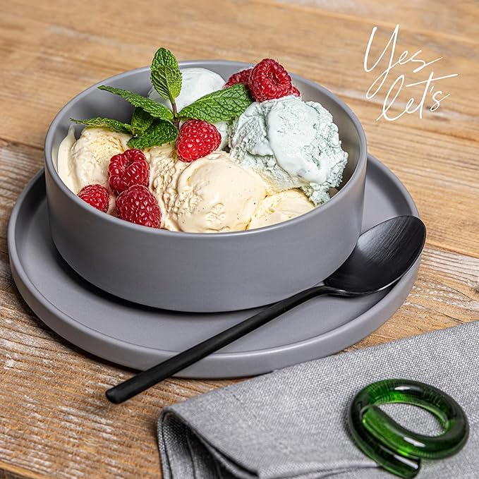 over&back Stackable Cereal Bowl Set - Stoneware Dishes - Comes with 4 Cereal Bowls - Easy-to-Stack Breakfast Place Settings - 6.2" x 6.2" x 2.2" - 25oz - Semi-Matte Charcoal