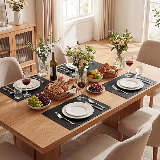 Artoid Mode Black Faux Leather Placemats Set of 4, 12x18 Inch Waterproof Wipeable Heat Resistant Vinyl Place Mats, Reversible Table Mats for Kitchen Dining Decor