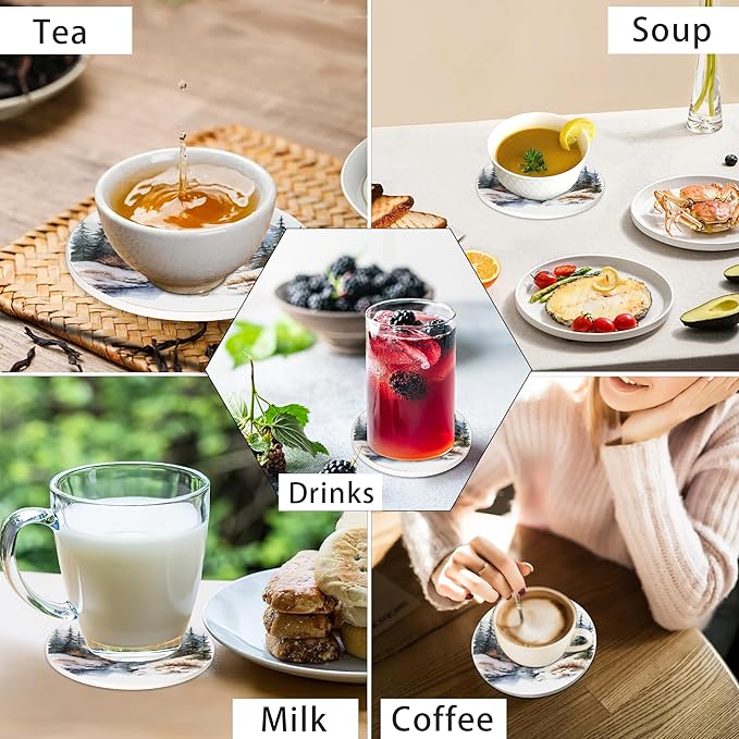 6 Pcs Drink Coasters with Holder,Mountain Landscape Watercolor Absorbent Round Ceramic Coaster for Tabletop Protection,for Coffee Cup Beverage Coasters Wine Beer Bar