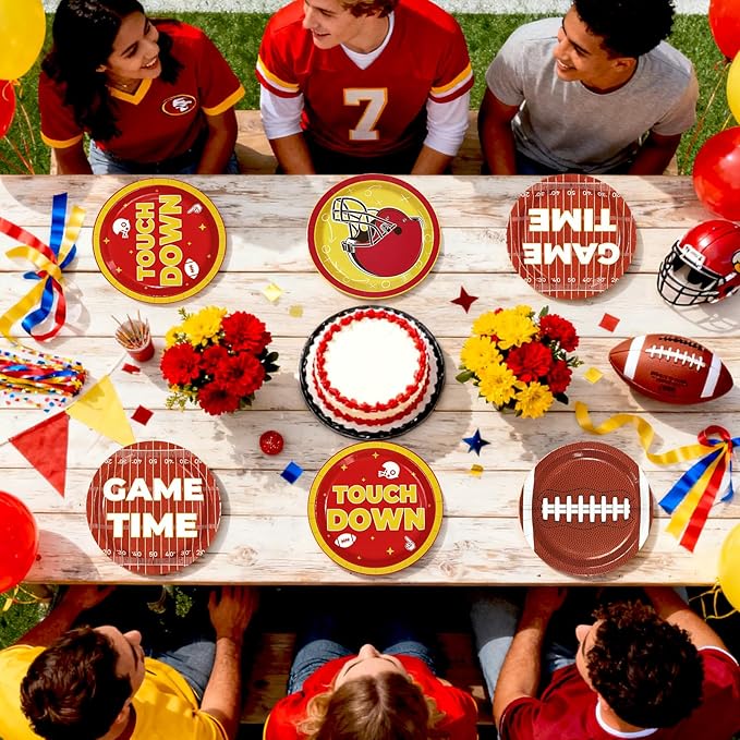 Greencain 60Pcs Chiefs Football Paper Plates Red and Gold Football Paper Plates American Rugby Touchdown Disposable Tableware for Tailgate Sports Birthday Party Supplies Decorations