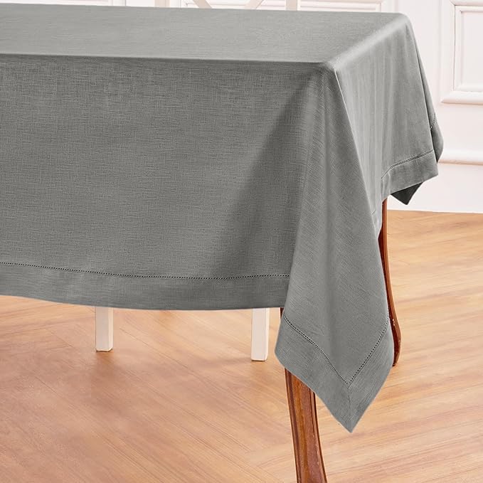 Solino Home Linen Tablecloth 60 x 108 Inch - Classic Hemstitch 100% Pure Linen Steel Gray Table Cloth for Rectangle Tables - Machine Washable Tablecloth for Spring
