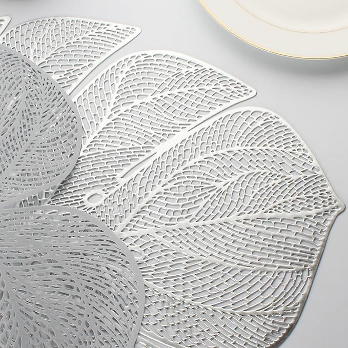 Evevda Silver Leaf Shaped Vinyl Placemats for Dinner Table Set of 8 Metallic Plastic Place Mats Wipeable 8Pcs Table Mats for Wedding Annersary Dinner Table Decoration Mats(17.7x13.8inch/45x35cm)…