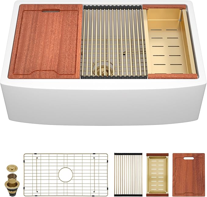 33"x21" White Farmhouse Sink Workstation - Curved Apron Front with Slide Ledge White Ceramic Porcelain Fireclay Single Bowl Luxury Farm Kitchen Sink Basin