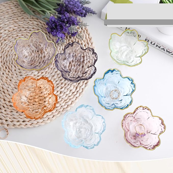 Blue Glass Jewelry Trinket Dish, Cherry Blossom Decor Ring Holder Tray, Small Trinket Bowl Gifts for Women
