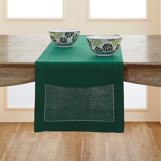 Solino Home Linen Rainforest Green Hemstitch Table Runner 48 Inches - 100% Pure Linen Small Table Runner 14 x 48 Inch Ideal for Dresser and Coffee Tables, St Patricks Day - Classic Hemstitch