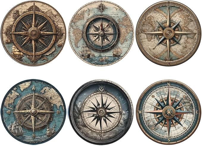 Nautical Compass Coasters for Drinks with Holder Round Leather Coasters Set of 6 Cups Mugs Mat Pad for Home Kitchen Bar