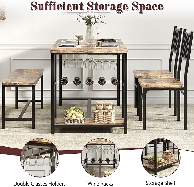 Dining Table for 4, Kitchen Table Set for 4 With 2 Chairs and Bench, Dining Room Table Set with Built in Wine Rack & Wine Glasses Holder, Storage Shelves for Small Space, Kitchen, Rustic Brown