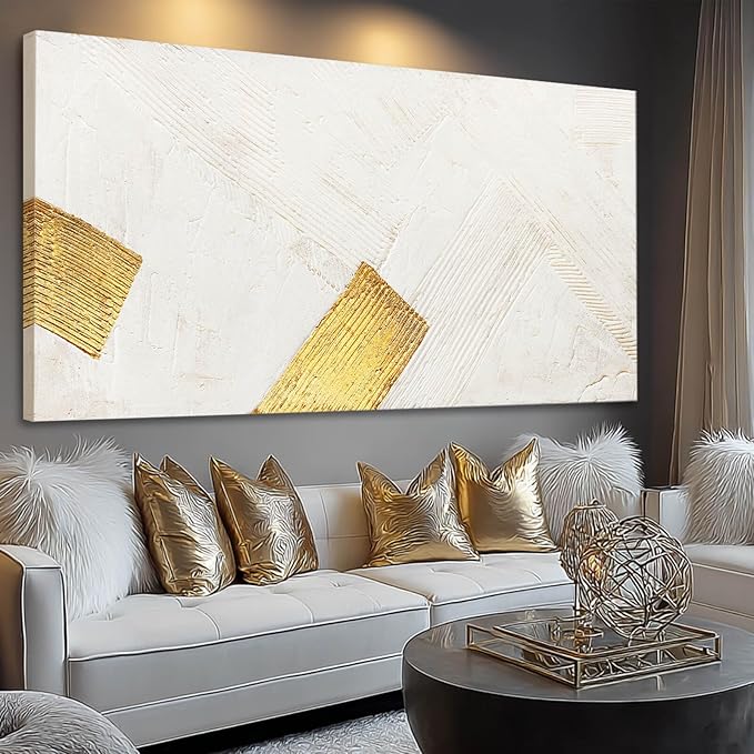 YJYart White Wall Art Hand Paintings Wall Decor Gold Pictures Abstract Canvas Arts 24"x48" for Living Room Dinning Room