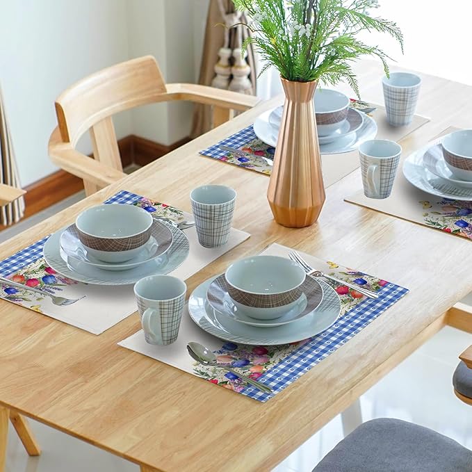 Tulip Placemats - Spring Easter Place Mats Set of 4 Blue Floral Plaid Place Mat 12x18 for Party Kitchen Dining Home