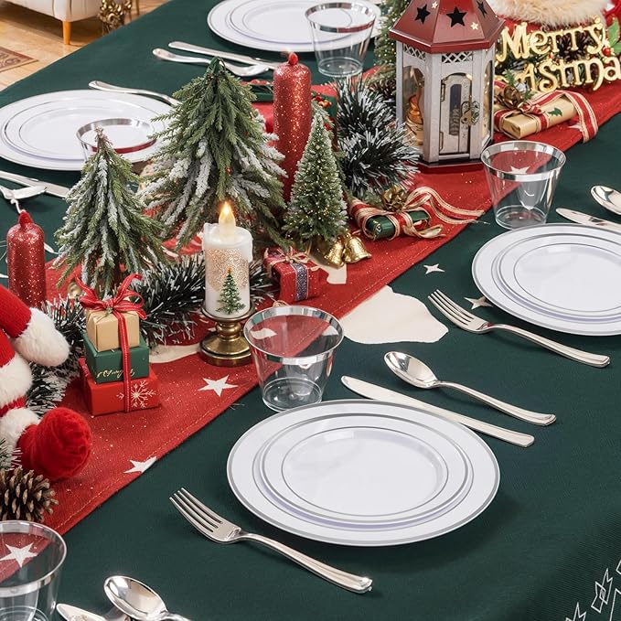 bUCLA 150-Piece Silver Disposable Dinnerware Set - White Plastic Plates with Silver Rim - Include 25 Dinner Plates, 25 Dessert Plates, 25 Forks, 25 Knives, 25 Spoons & 25 Cups for Party & Christmas