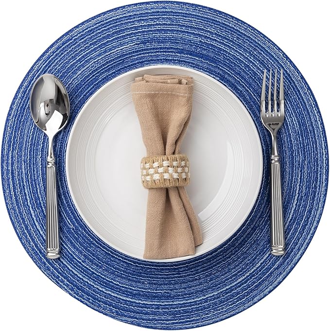 Round Placemats Set of 6 Woven Placemats Washable Braided Table Mats for Dining Table Heat Resistant Non-Slip Circle Place Mats(Royal Blue)