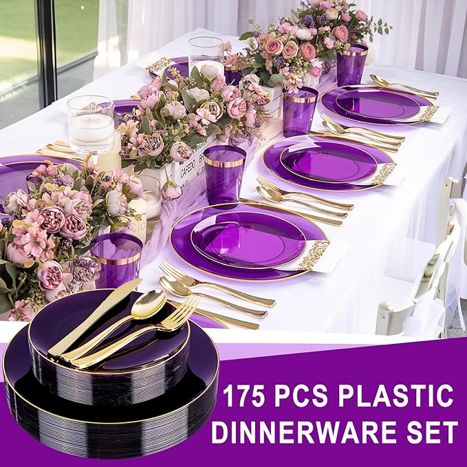 YOUBET 175PCS Purple Plastic Plates - Purple and Gold Disposable Plates Include 50 Plate, 75 Silverware, 25 Cups, 25 Napkins for Wedding & Mardi Gras Party