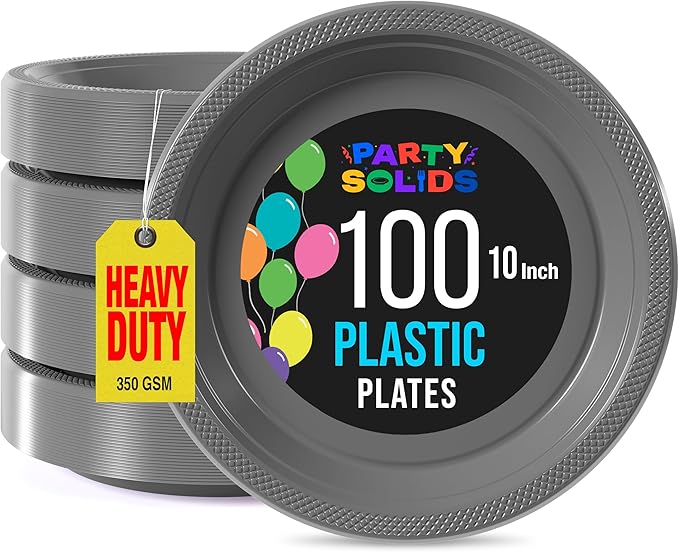 Party Solids Silver Plastic Plates For Party 10" Silver Disposable Plates Heavy Duty 100 Pcs Plastic Dinnerware Sets Heavy Duty 350 GSM Disposable Dinnerware Set