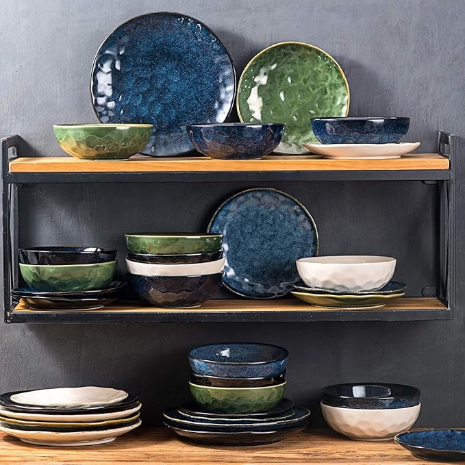 vicrays Ceramic Round Dessert Salad Plates - 8 Inch, Set of 6, Microwave, Oven, and Dishwasher Safe, Scratch Resistant, Porcelain Fluted Suitable for Snacks, Appetizer, Home, Party (Green)