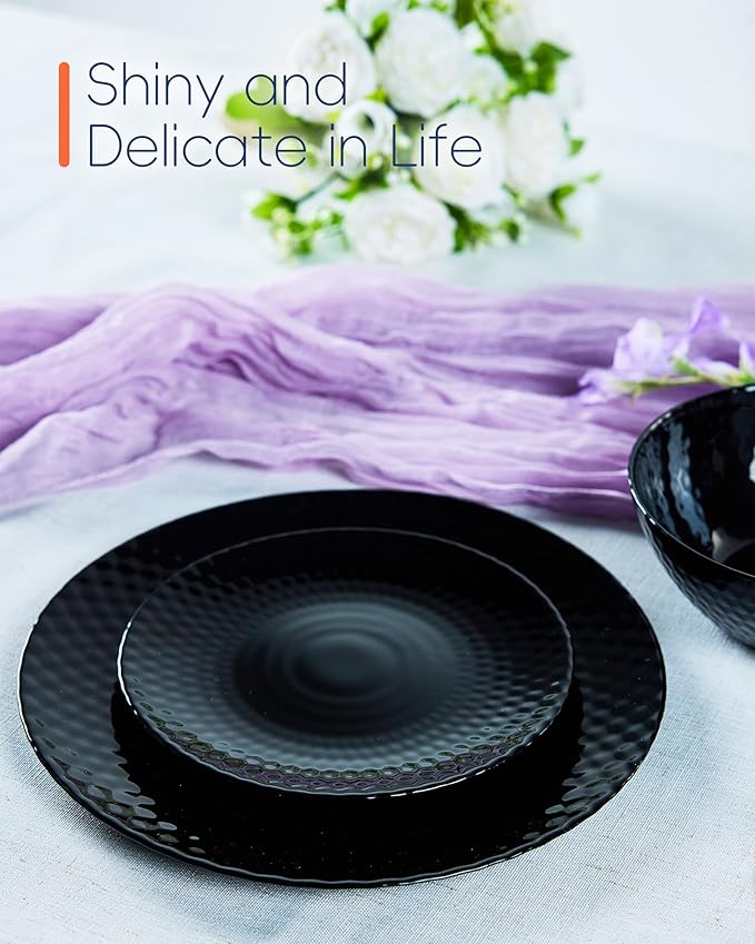 7.5 inch Appetizer Plate Set of 6, Opal Glass Round Geometric Faceted Small Black Plates for Salad Dessert, Kitchen, Dishwasher and Microwave Safe