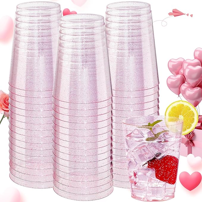 DaYammi 100 Pack 10oz Pink Plastic Cups, Premium Disposable Rose Gold Glitter Plastic Cups for Martini and Cocktail,Disposable Cup with Pink Glitter Perfect for Party Valentine's Day Mother's Day