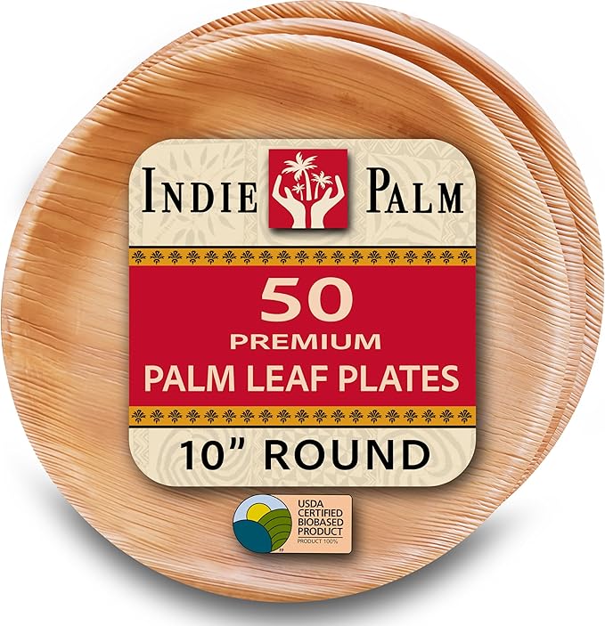 Indie Palm Disposable Palm Leaf Plates – 50 Pack 10 Inch Round – Heavy Duty, 100% Compostable & Biodegradable – Eco-Friendly Alternative to Plastic & Bamboo – Perfect for Parties & Events