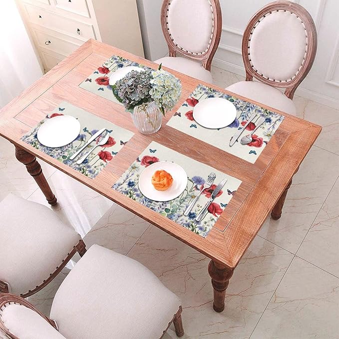 Independence Day Floral Placemats 12x18 Inches Set of 4, 4th of July Blue Red Flower Placemats Summer Decorative Rectangle Modern Table Mats for Party Home Kitchen Dining Table Decoration