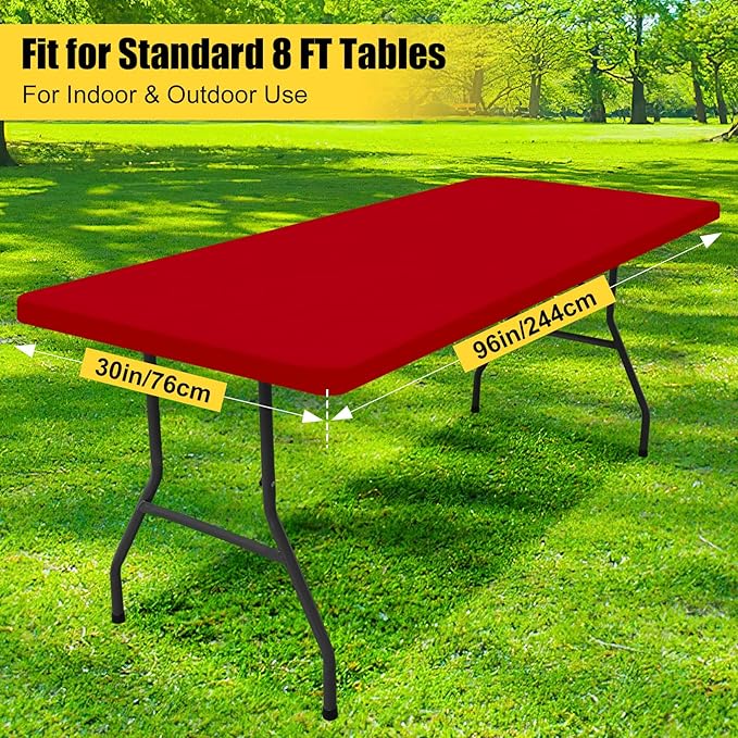Smiry Rectangle Picnic Table Cloth, Waterproof Elastic Fitted Tablecloths for 8 Foot Tables, Washable Polyester Table Cover for Camping, Indoor and Outdoor (Red, 30"x96")