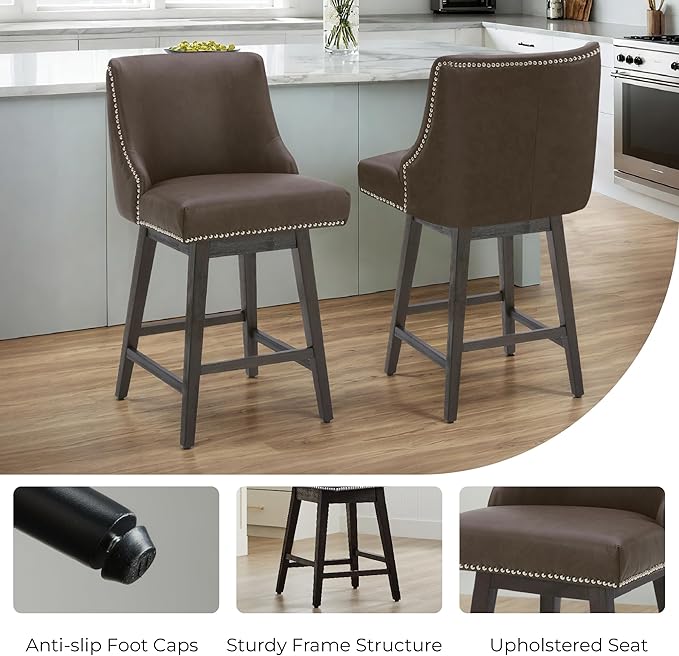 CHITA Counter Height Swivel Bar Stools Set of 3, FSC Certified Upholstered Counter Stools, Modern Swivel Barstools with Wood Legs for Kitchen Island, 26" Seat Height, Faux Leather in Chocolate