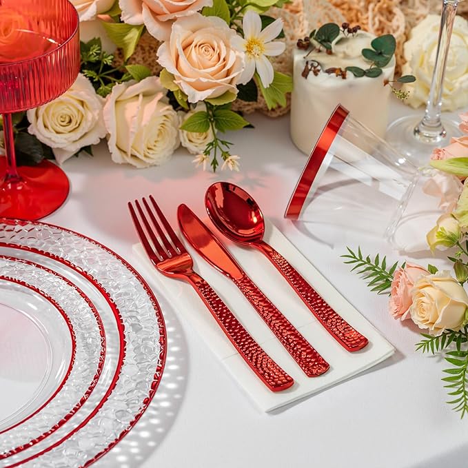 Ciaell 150 PCS Red Plastic Plates – Clear Hammered Disposable Plates with Red Rim include 50Plates, 25Forks, 25Knives, 25Spoons, 25Cups for Wedding & Party & Anniversary & Valentine's Day