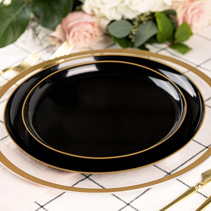 PLASTICPRO [30 Count 8.6 Plastic Party Plates Edge Collection Black with Gold Rim Premium heavyweight Elegant Disposable Tableware Dishes (Black With Gold Rim,