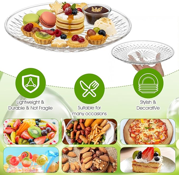 10 Pcs Round Clear Plastic Serving Platters and Trays, 12 Inch Party Dinner Plates for Appetizers, Desserts, Fruits, Catering, Weddings and Events