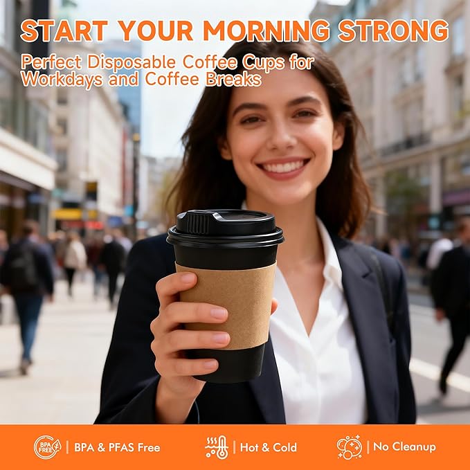 100 Pack 12 oz Disposable Coffee Cups with Lids and Sleeves, Sturdy Paper Cups for Hot/Cold Drinks, Leak-Proof To Go Coffee Cups with Lids for Home, Café, Events, Office, Black