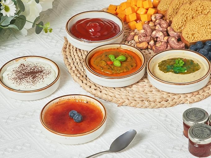ONEMORE Ramekin Set of 14, Creme Brulee Ramekins Oven Safe 4 oz Ceramic Shallow Souffle Dishes for Baking Exquisite Desserts, Small Dipping Sauce Ramekins Round Mini Tart & Quiche Pans - Creamy White