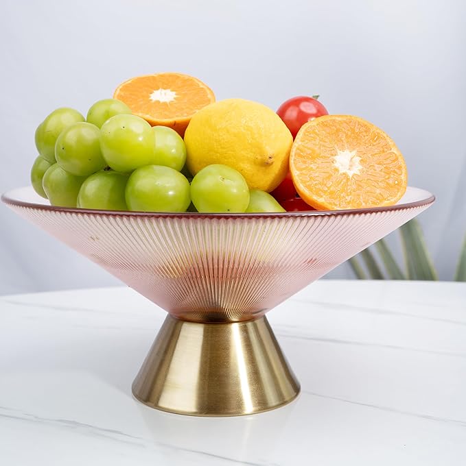 Tapered Glass Decorative Bowl (Pink), 9.8 Inches Handblown Striped Design Fruit Bowl with Rust-Resistant Metal Base for Home Decor, Table Centerpiece, Kitchen Island and Dining Decor