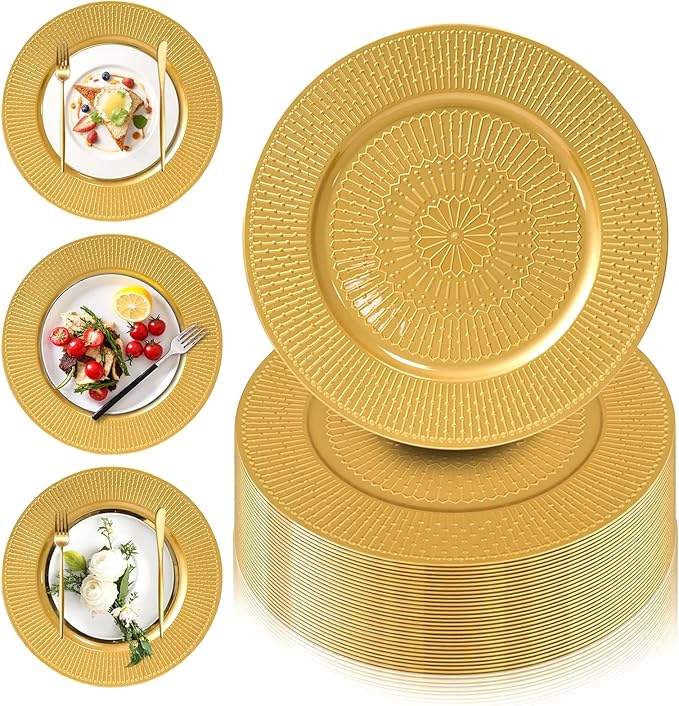 PROY 50 Pcs Gold Charger Plates Bulk, 13 Inch Beaded Gold Chargers for Dinner Plates Plastic Reusable Round Charger Platters for Table Setting, Wedding, Party, Event