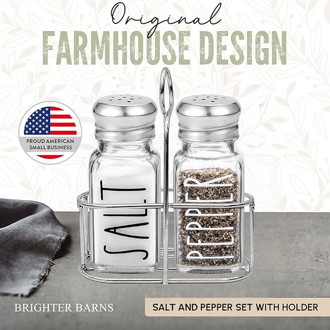 Clear Glass Salt and Pepper Shakers Set with Holder by Brighter Barns - Dining Table Countertop Accessories, Farmhouse Kitchen Decor - Glass Shakers with Caddy for Restaurant, BBQ, Camping, RV (Clear)