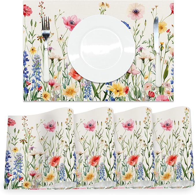 AOFOTO Floral Placemats Set of 4 Colorful Wild Flower Plants Printed Place Mats Artistic Rectangular Modern Table Mats for Home Kitchen Restaurant Party Dining Table Decor 12x18 Inch