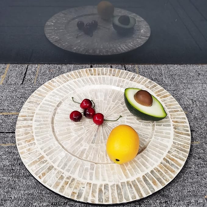 i-lan 13Inch 2 Pack Mother Of Pearl Decorative Plates for Display, Sea Shell Inlay Wood Charger Plates for Dining, Party, Modern and Rustic Decoration Placemats for Dinner Plates,Champagne Gold