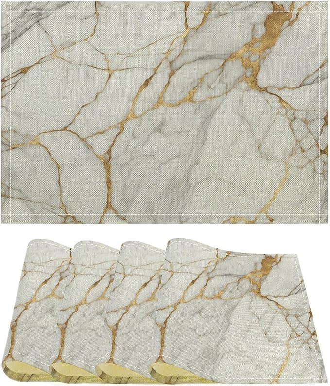 Marble Linen Placemats Set of 4, Modern Abstract Foil Texture White Gold Marble Washable Place Mats, Non Slip Placemat for Home Party Dining Tables Wedding Kitchen Banquets Decor 12x17 Inch