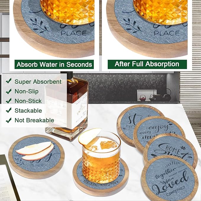 Coasters for Drinks with Holder, Wood Coasters for Drinks Housewarming Gifts for Home Decoration Coasters Sets of 6 4.3 Inch Gray