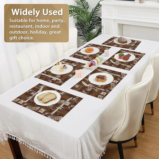 Retro Coffee Cup Placemats Set of 6 Linen Washable, Heat-Resistant 12x18 InchTable Place Mats for Kitchen Dining for Home Party Holidays
