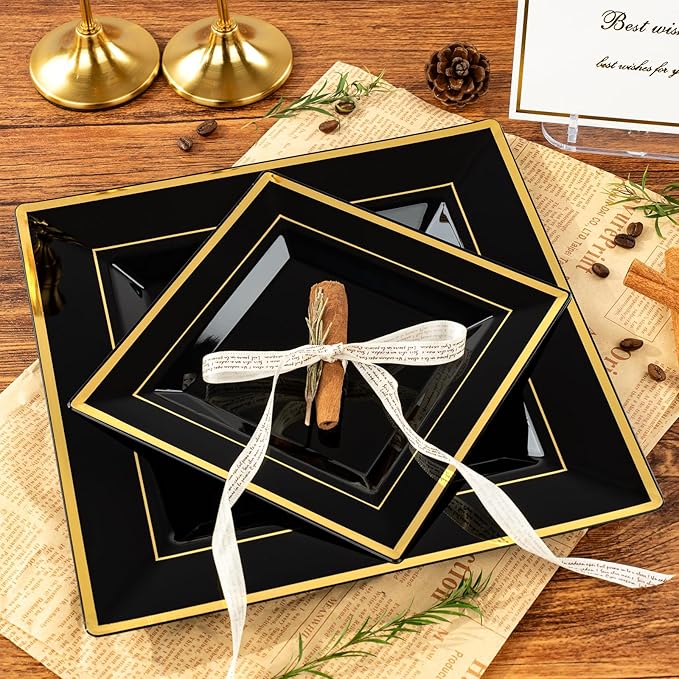 Goodluck 100 Black Pack Square Plastic Plates With Gold Rim, Heavy Duty 50 Dinner Plates 9.5" and 50 Dessert Plates 6.5", Fancy Disposable Plates for Wedding, Holiday Party, Birthday, Halloween