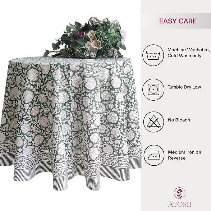 ATOSII Shalimar Green 100% Cotton Round Boho Fall Tablecloth, Handblock Floral Table Cloth Linen for Kitchen Dining I Parties Wedding Outdoors Christmas Thanksgiving I Fall Home Decor 60" Inches Round