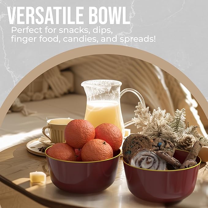 Trendables Plastic Bowls Disposable Bowls 24 Oz Bowl Set Of 50 Burgundy Gold Rimmed Fancy Plastic Serving Dishes Perfect for Parties and Events Disposable Candy Bowl