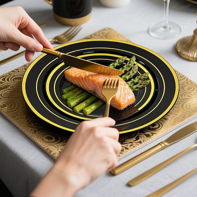 60 PCS Black and Gold Plastic Plates, Disposable Party Black Plates Include 30 10 inch Dinner Plate and 30 7 inch Dessert Plate Perfect for Holiday, Birthday, Wedding & Party