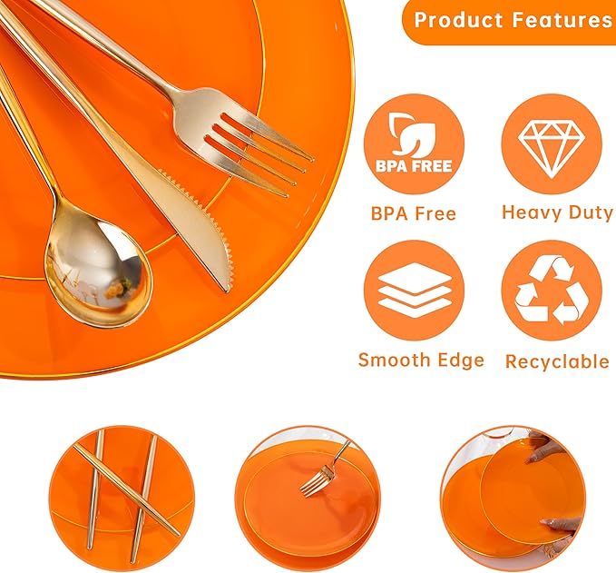 MirthMood 210PCS Orange Plastic Plates,Orange plastic Dinner Plates– Plastic Plates Set Includes 30 Dinner,30 Dessert Plate,30 Cup&50 Napkins, 30 Silverware for Wedding & Birthday Parties