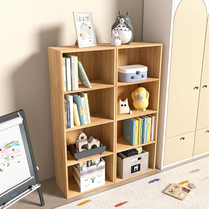 Wooden 4 Cube Storage Organizer, 4 Tier Tall Modern Bookshelf Freestanding Storage Display Organizer, Versatile Cubes Shelf and Cubby Unit for Living Room, Bedroom, Home Office 15.7inch
