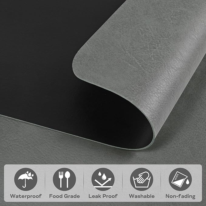 Faux Leather Placemats Set of 6, Vinyl Placemats Wipeable Waterproof Oil-Proof Table Mats, Heat Resistant Reversible Place Mats for Kitchen Indoor Outdoor, 15.8 x 11.8 inches (Grey/Black)