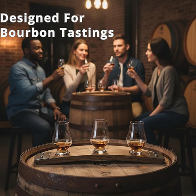Premium Barrel Stave Whiskey Flight, includes 3 Crystal Glencairn Glasses (Natural with Glass)