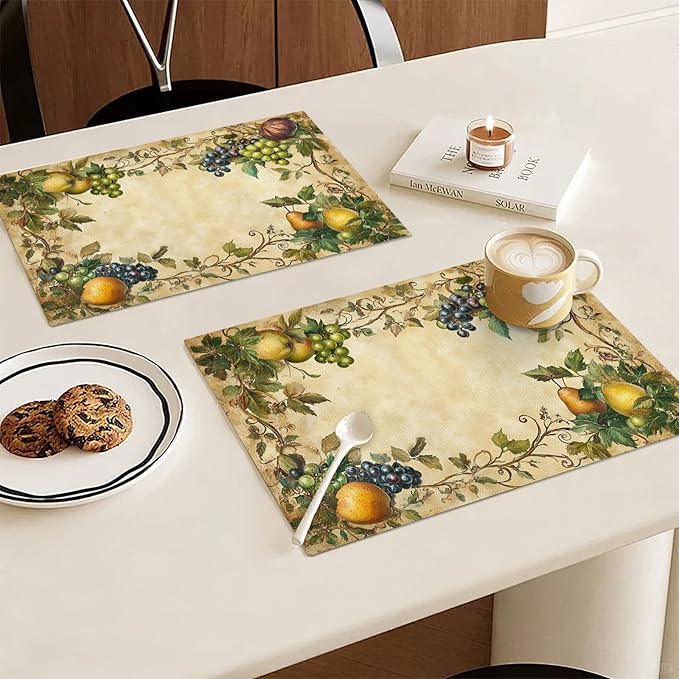 Fruit Placemats Set of 6, Fruits Grape Table Mats, Washable Place Mats for Home Party Indoor Kitchen Dining Table Decoration 12x18 Inch