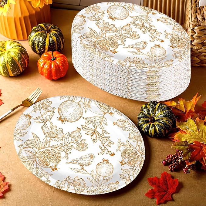 Grencian 50Pcs Fall Brown Pomegranate Oval Paper Plates 10"x12" Large Thanksgiving Party Plates Disposable Heavy Duty Autumn Pomegranate Platter for Fall Theme Party Decorations Harvest Party Supplies
